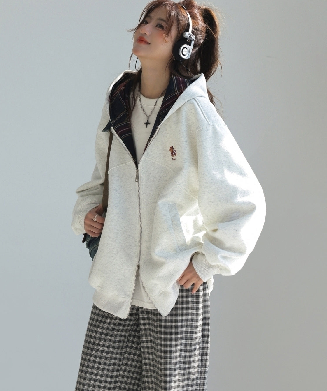 Plaid Patchwork Dachshund Embroidery Zip Up Sweatshirt