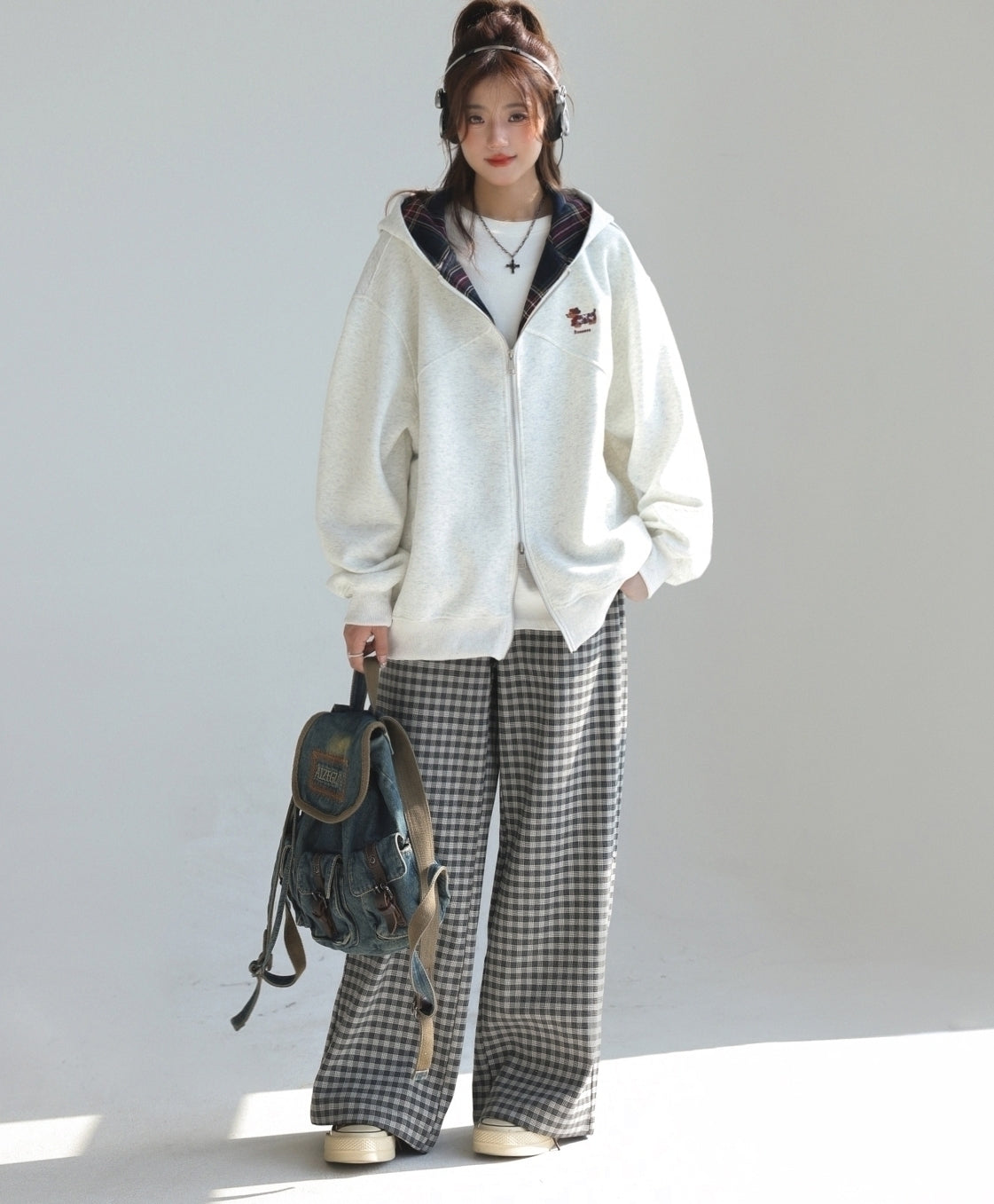 Plaid Patchwork Dachshund Embroidery Zip Up Sweatshirt
