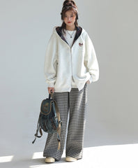 Plaid Patchwork Dachshund Embroidery Zip Up Sweatshirt