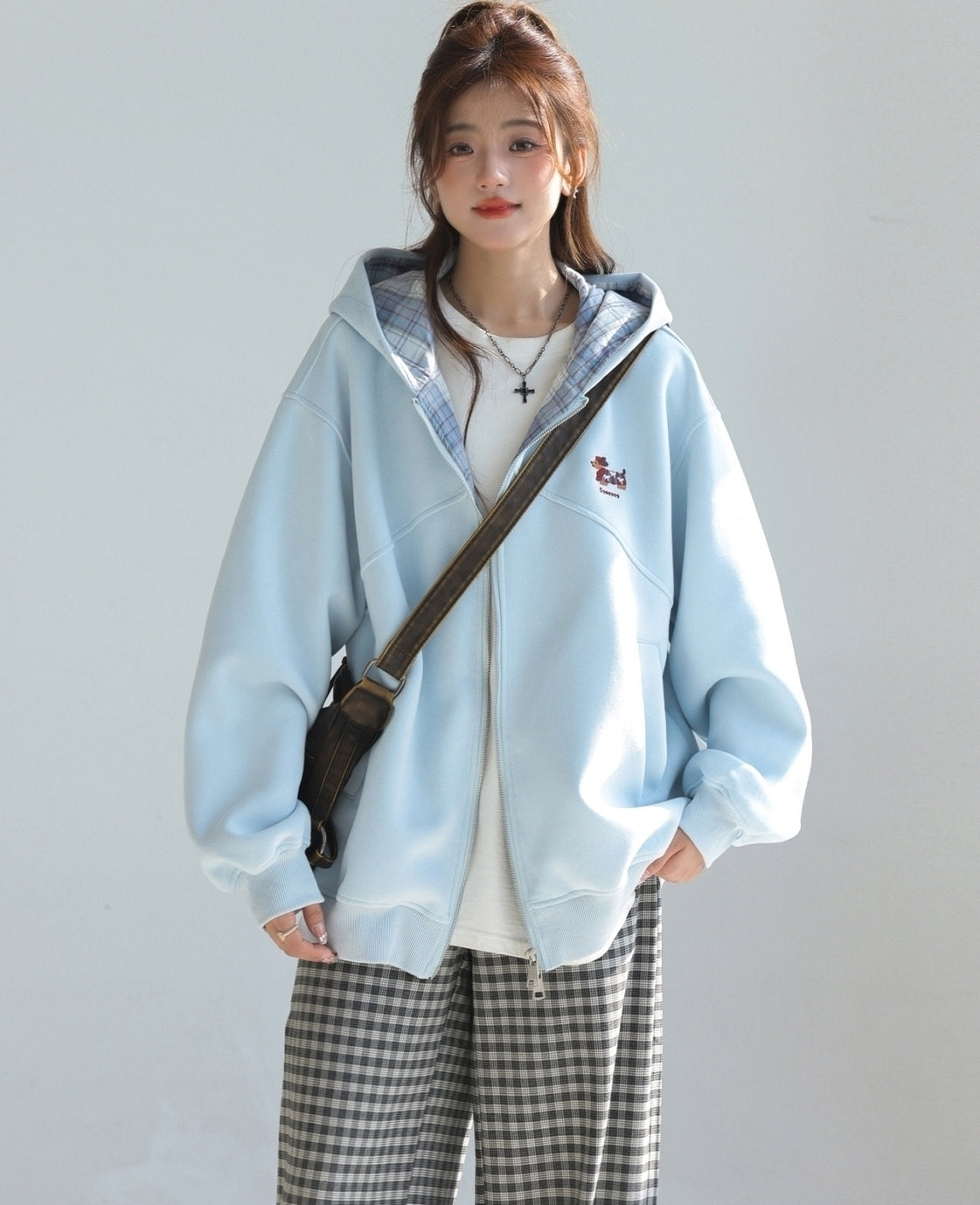 Plaid Patchwork Dachshund Embroidery Zip Up Sweatshirt