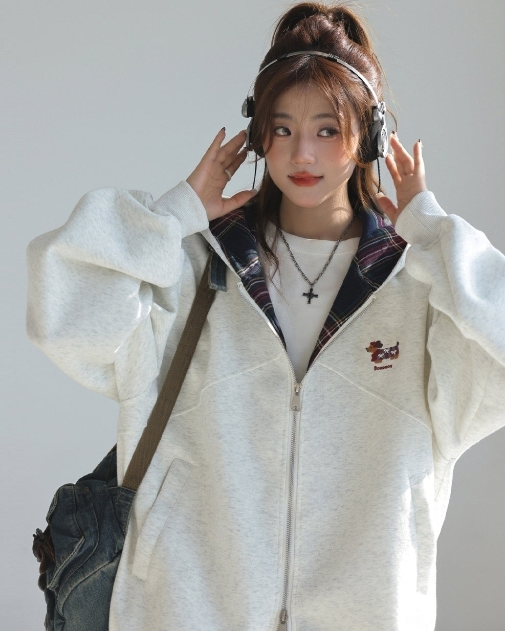 Plaid Patchwork Dachshund Embroidery Zip Up Sweatshirt
