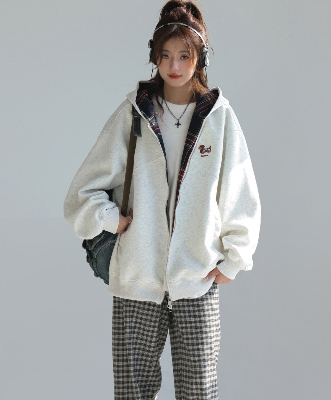 Plaid Patchwork Dachshund Embroidery Zip Up Sweatshirt