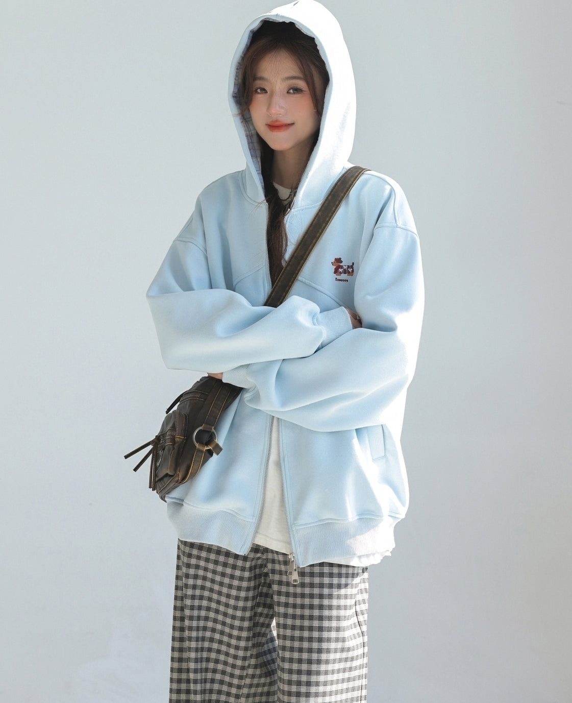Plaid Patchwork Dachshund Embroidery Zip Up Sweatshirt