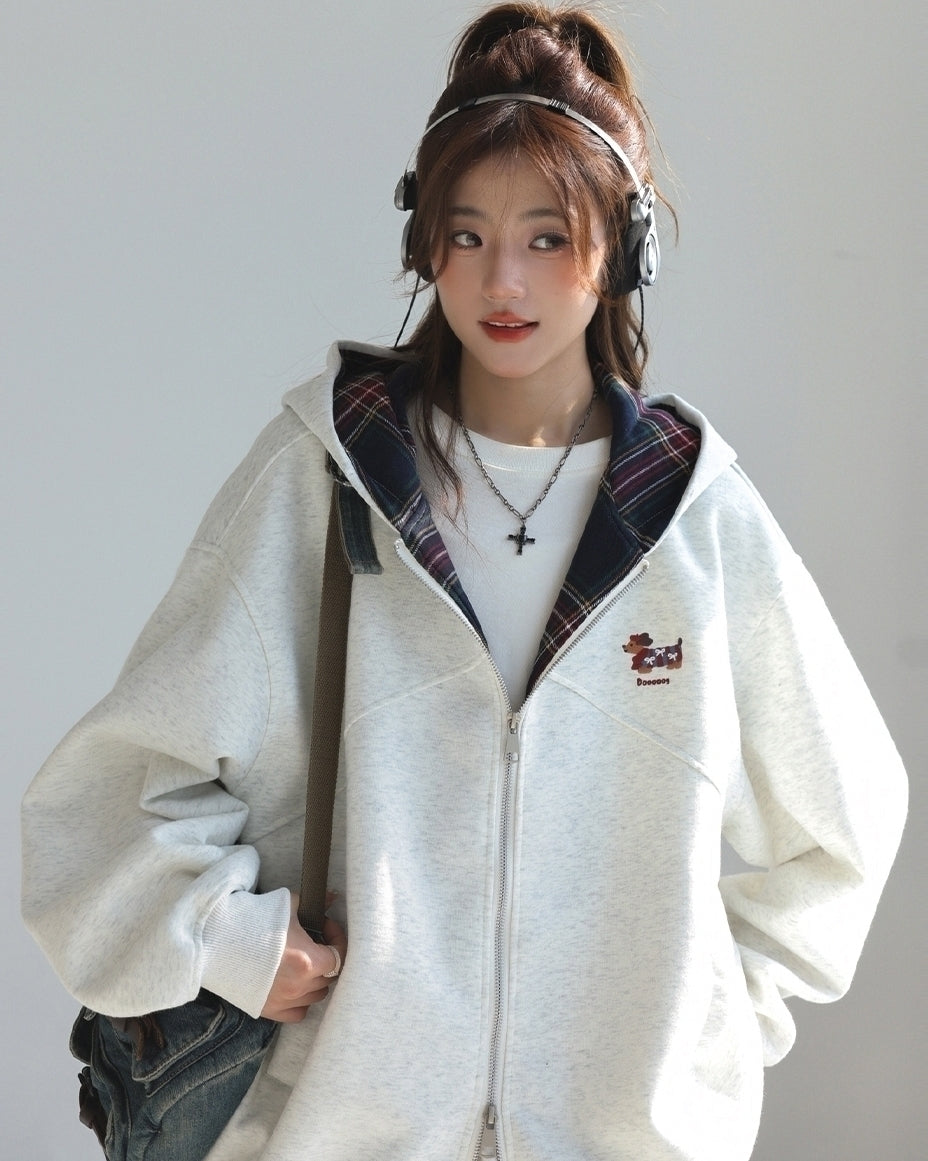 Plaid Patchwork Dachshund Embroidery Zip Up Sweatshirt