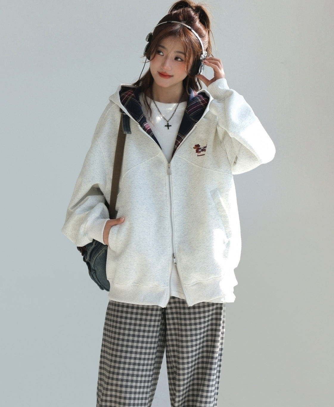 Plaid Patchwork Dachshund Embroidery Zip Up Sweatshirt