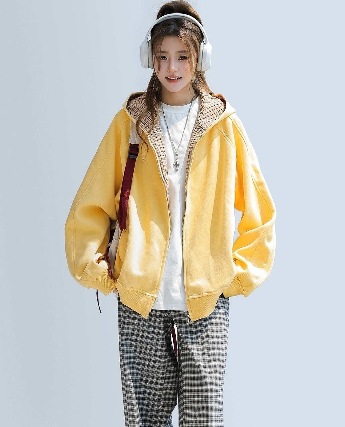Plaid Patchwork Hooded Zip Up Sweatshirt Jacket