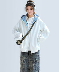 Plaid Patchwork Hooded Zip Up Sweatshirt Jacket