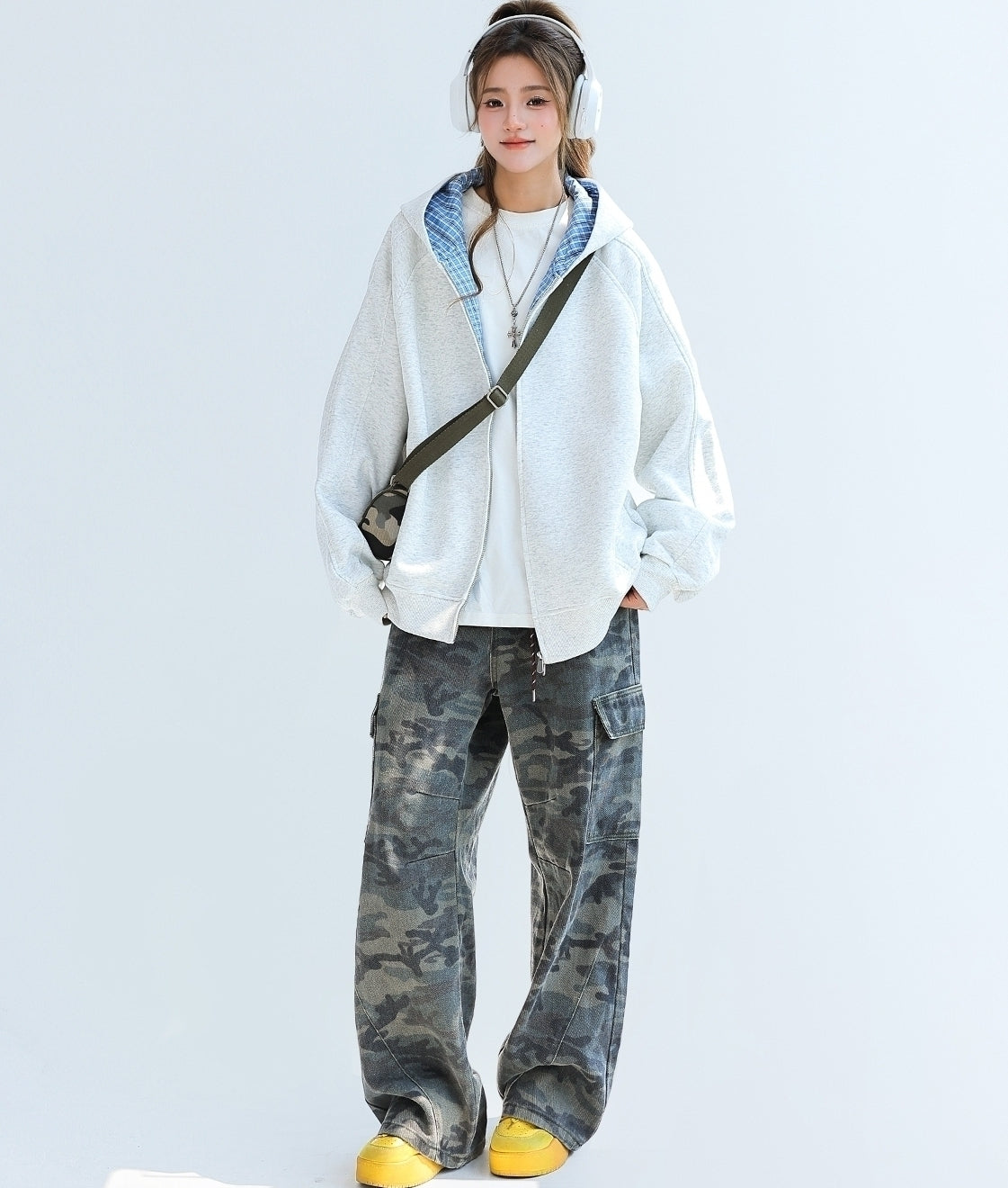 Plaid Patchwork Hooded Zip Up Sweatshirt Jacket