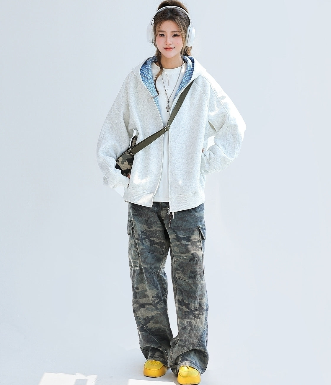 Plaid Patchwork Hooded Zip Up Sweatshirt Jacket