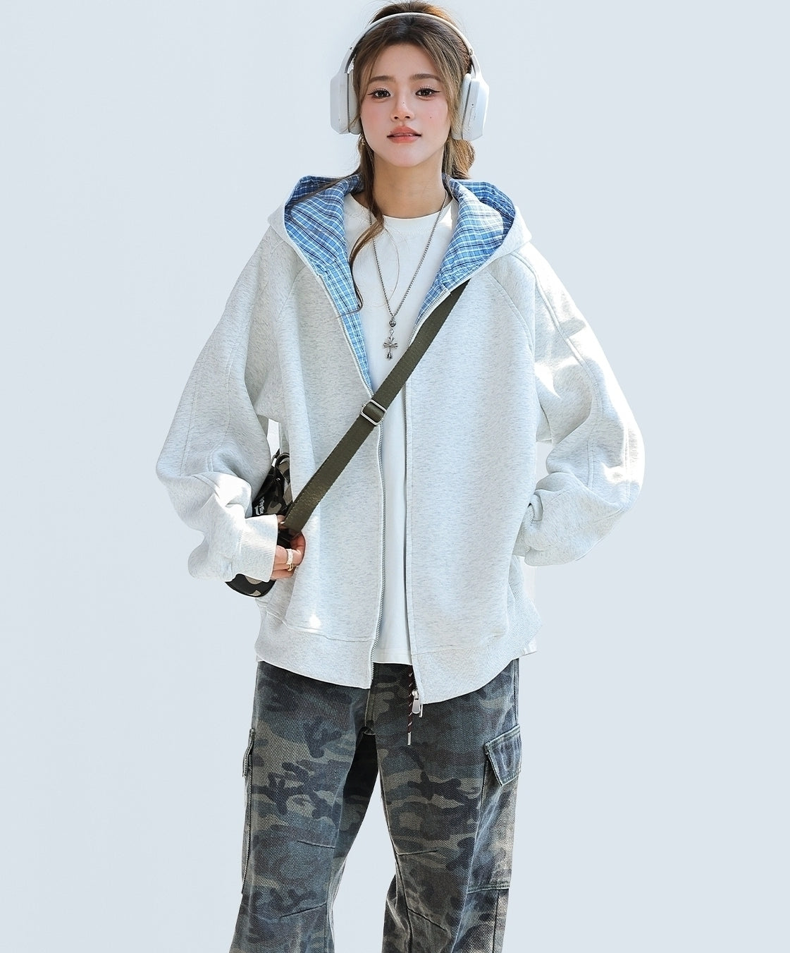 Plaid Patchwork Hooded Zip Up Sweatshirt Jacket