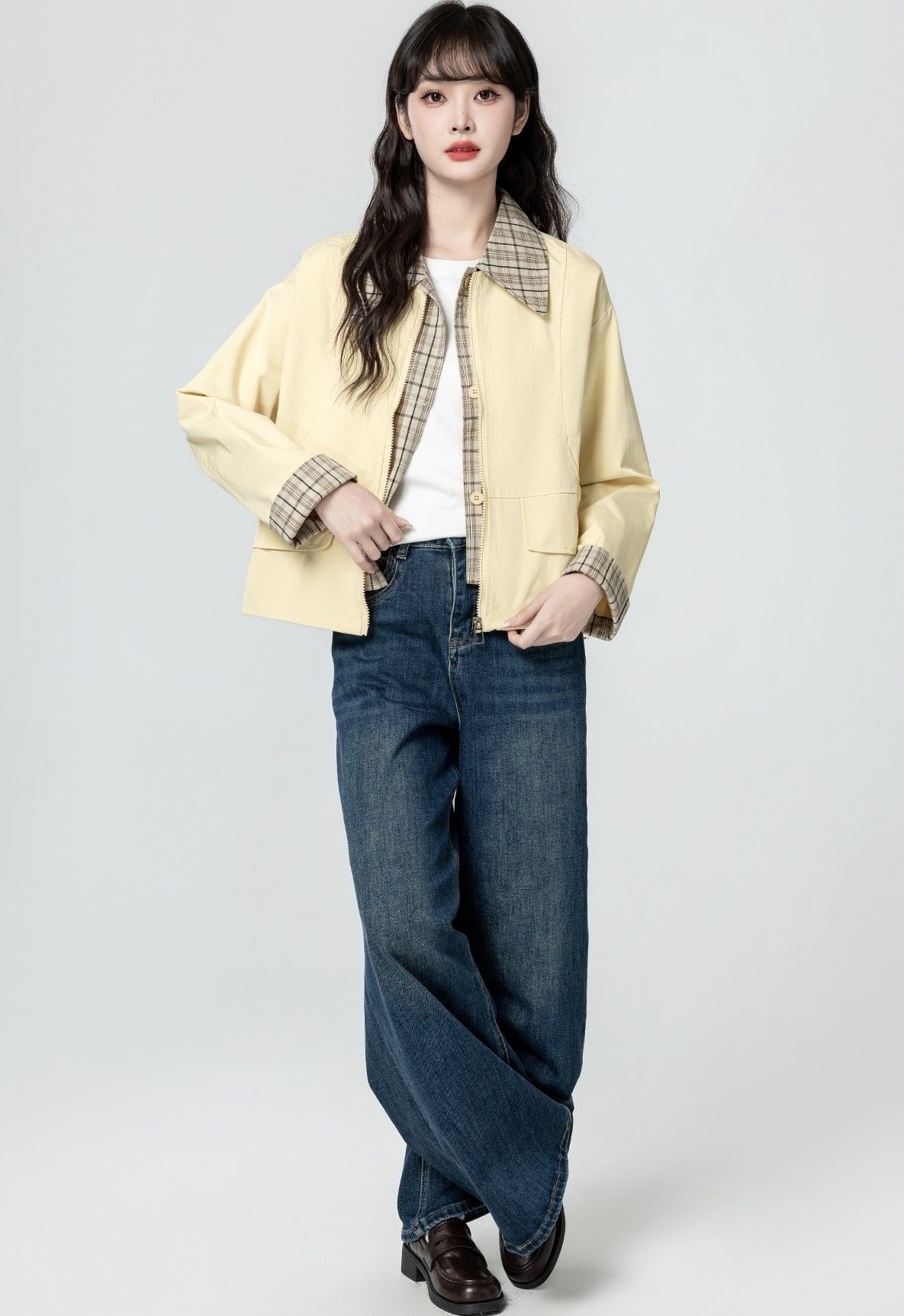 Plaid Patchwork Lapel Short Jacket Casual Outerwear
