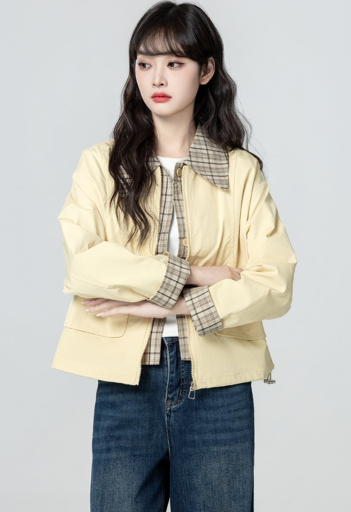 Plaid Patchwork Lapel Short Jacket Casual Outerwear