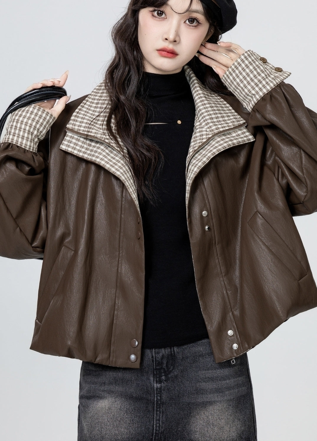Plaid Patchwork Pu Leather Jacket Brown
