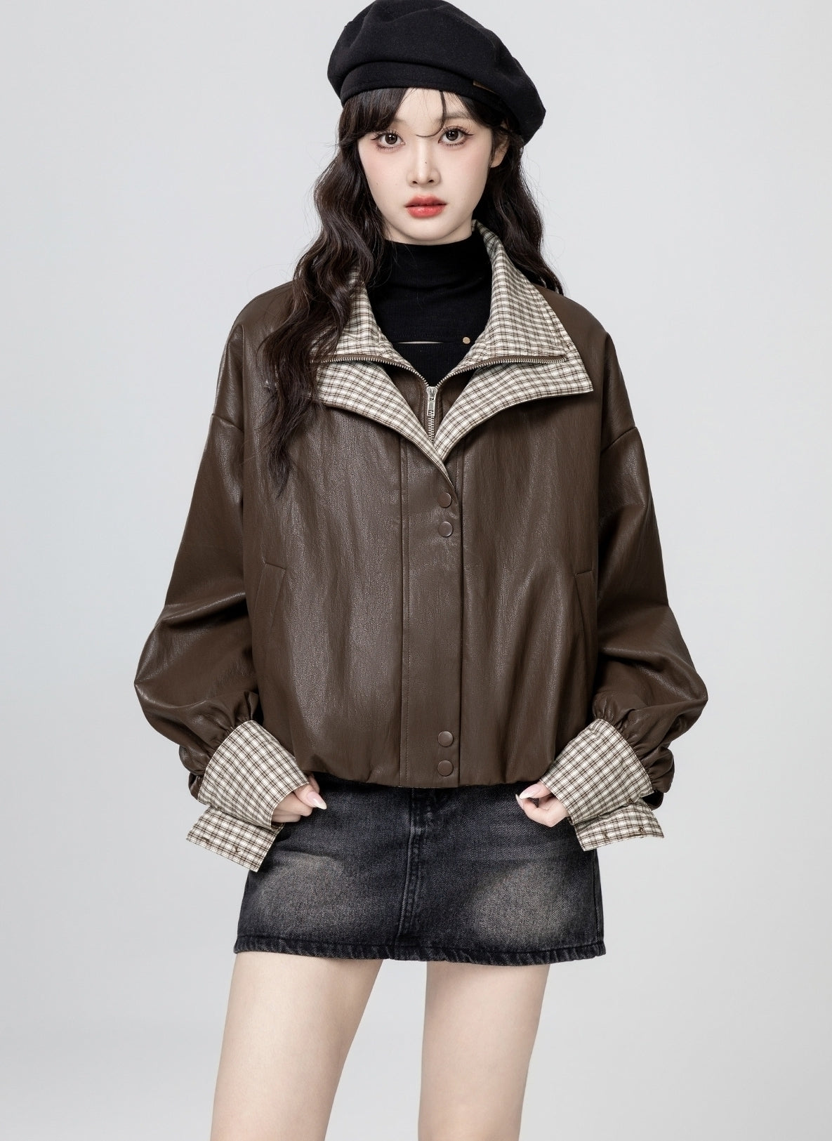 Plaid Patchwork Pu Leather Jacket Brown