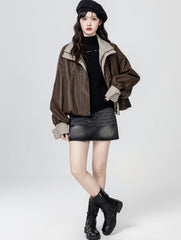 Plaid Patchwork Pu Leather Jacket Brown
