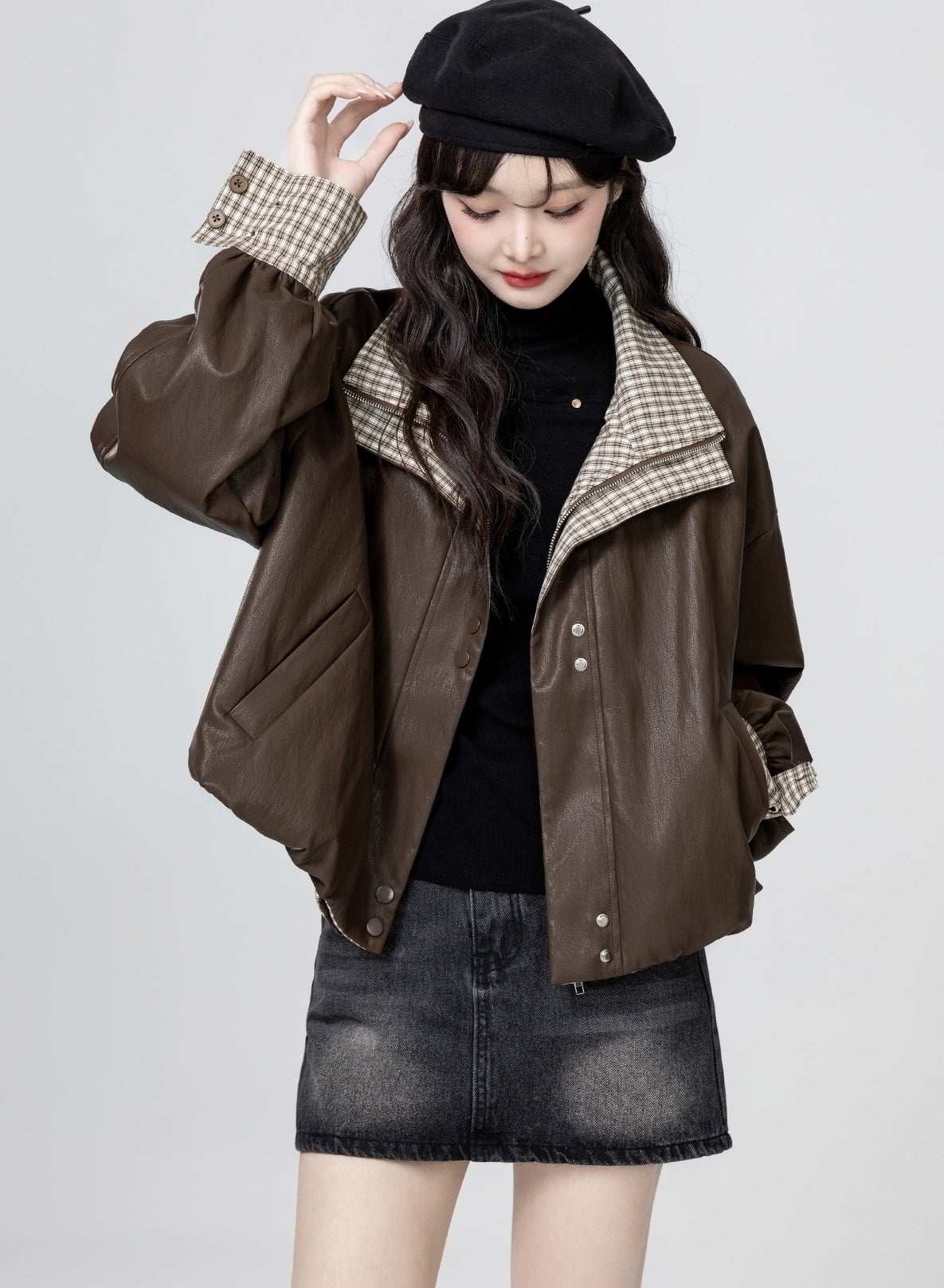 Plaid Patchwork Pu Leather Jacket Brown