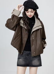 Plaid Patchwork Pu Leather Jacket Brown