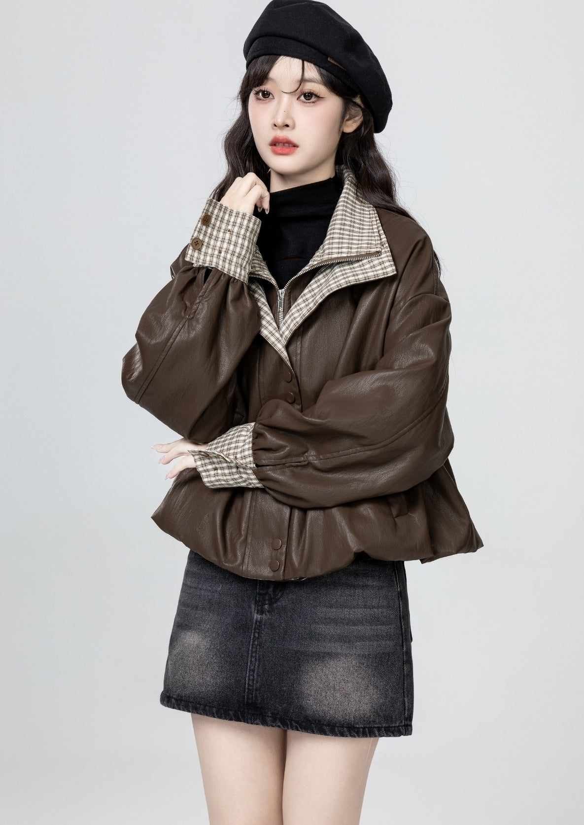 Plaid Patchwork Pu Leather Jacket Brown