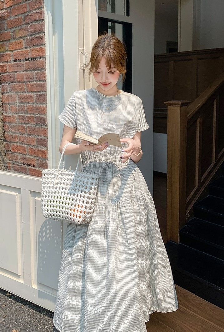 Plaid Patchwork Waist Dress Summer Fashion Style