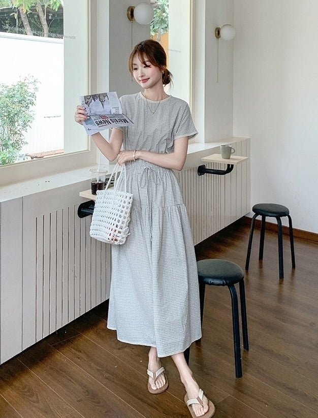 Plaid Patchwork Waist Dress Summer Fashion Style