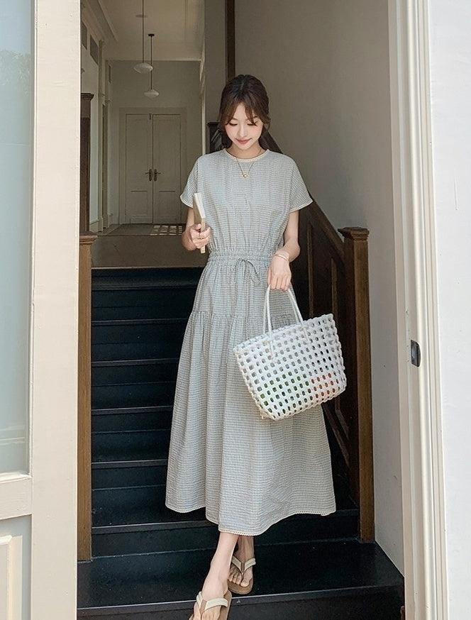 Plaid Patchwork Waist Dress Summer Fashion Style