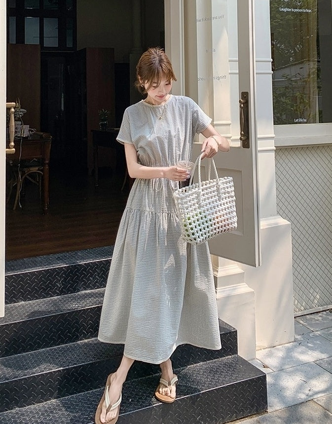 Plaid Patchwork Waist Dress Summer Fashion Style