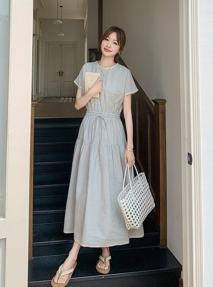 Plaid Patchwork Waist Dress Summer Fashion Style