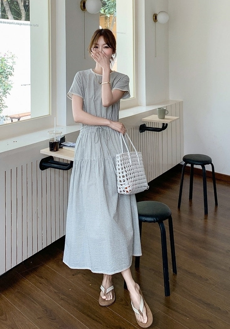 Plaid Patchwork Waist Dress Summer Fashion Style