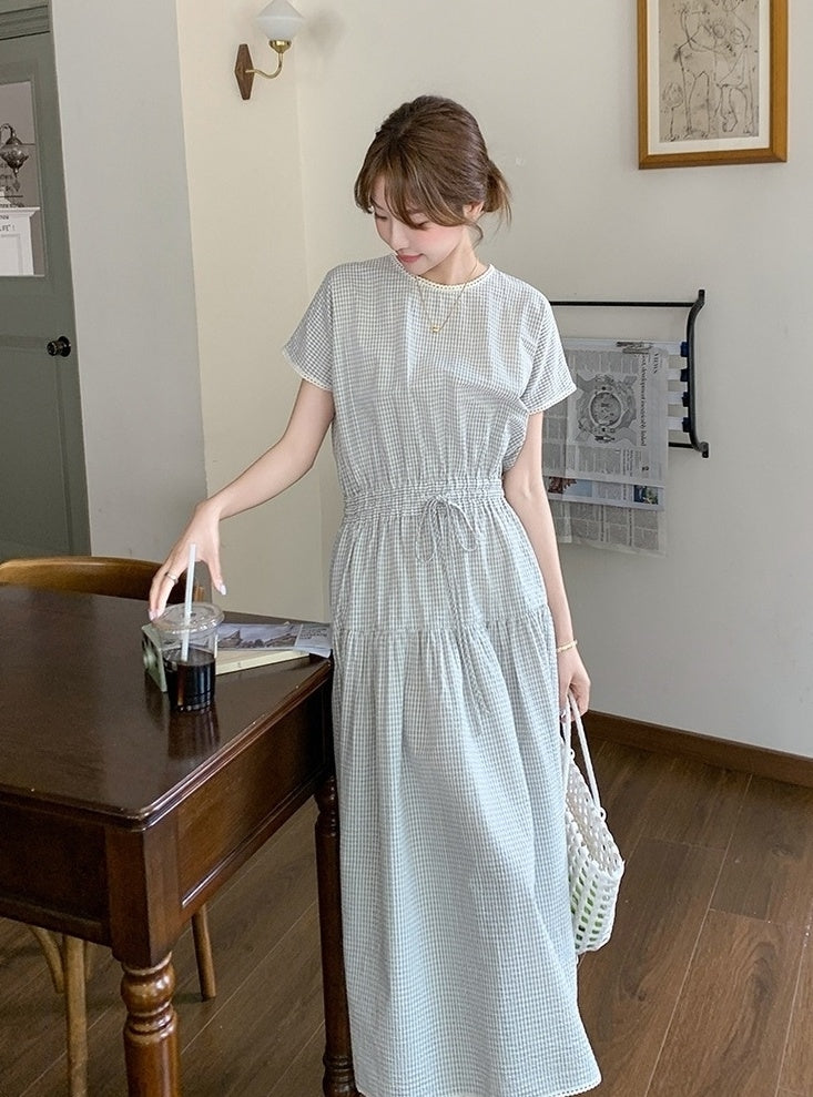 Plaid Patchwork Waist Dress Summer Fashion Style