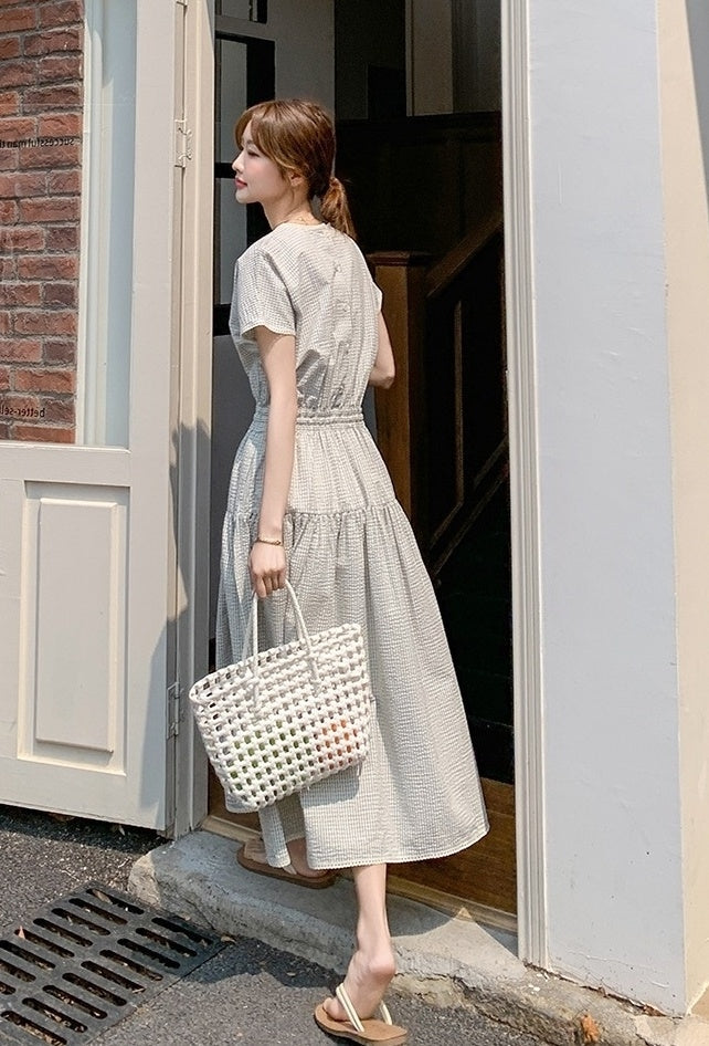 Plaid Patchwork Waist Dress Summer Fashion Style