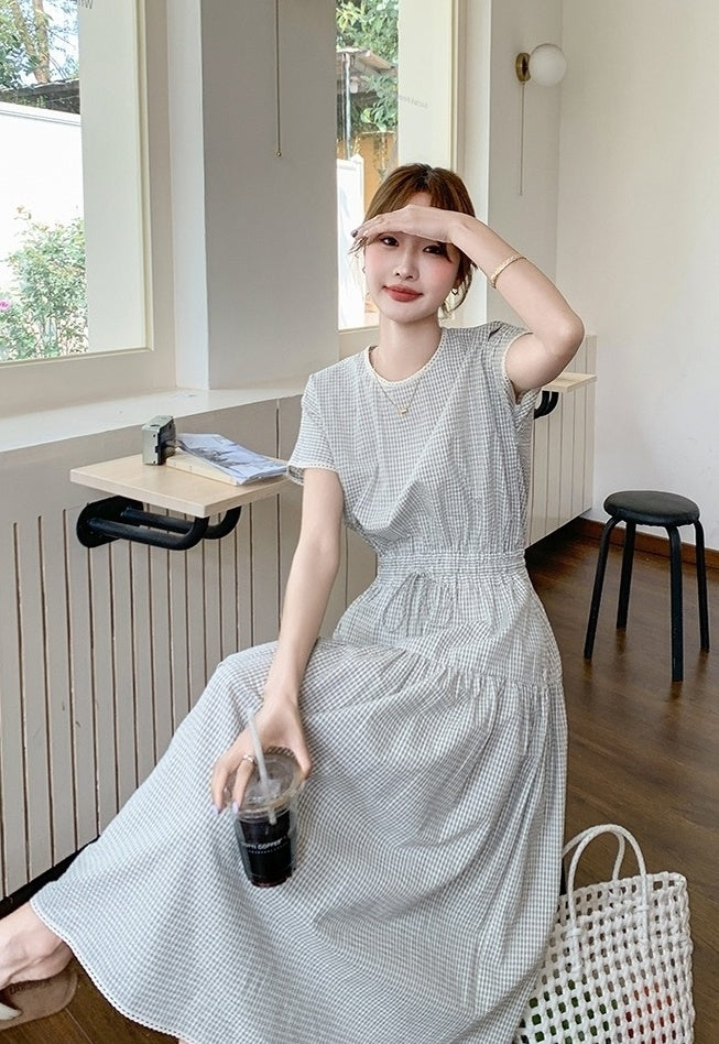 Plaid Patchwork Waist Dress Summer Fashion Style