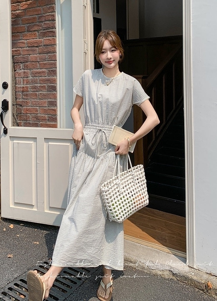 Plaid Patchwork Waist Dress Summer Fashion Style