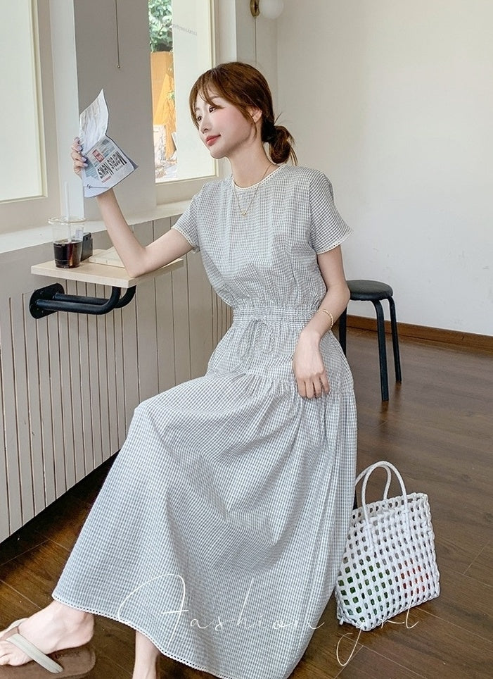 Plaid Patchwork Waist Dress Summer Fashion Style