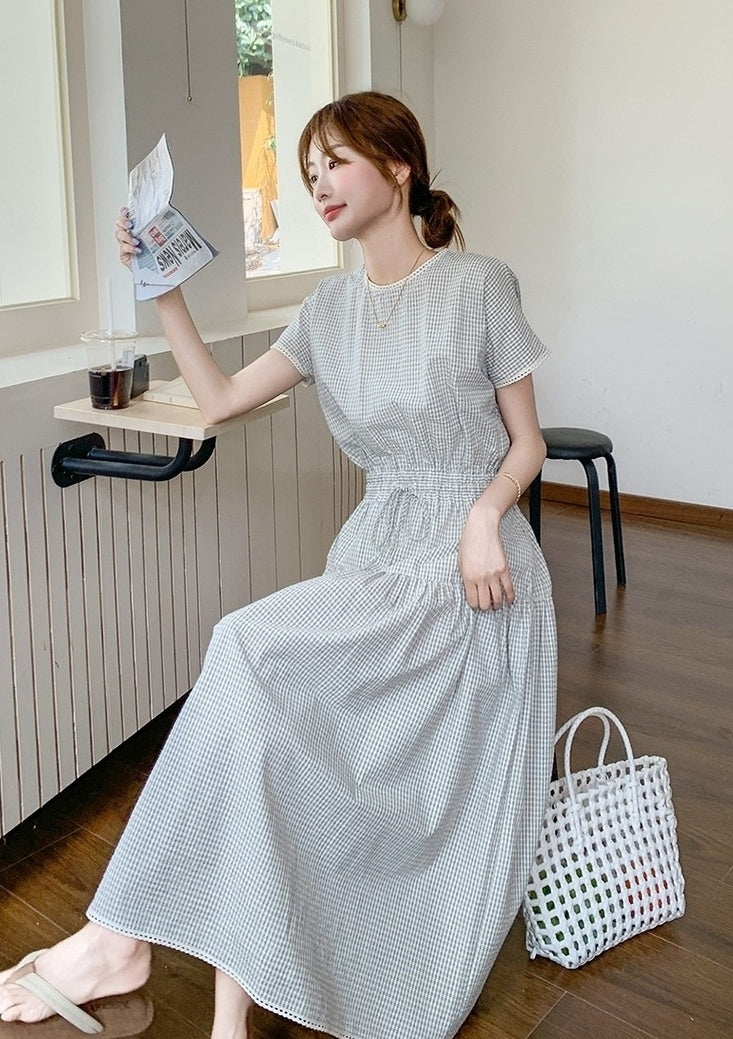 Plaid Patchwork Waist Dress Summer Fashion Style