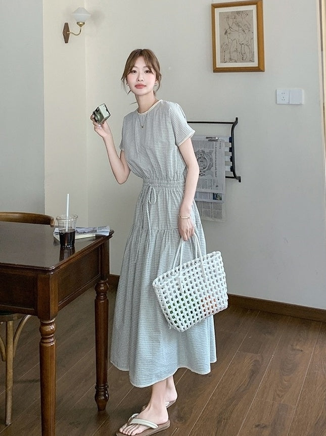 Plaid Patchwork Waist Dress Summer Fashion Style