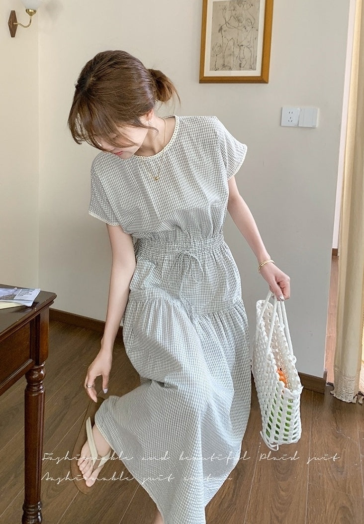 Plaid Patchwork Waist Dress Summer Fashion Style