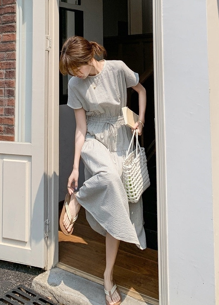 Plaid Patchwork Waist Dress Summer Fashion Style