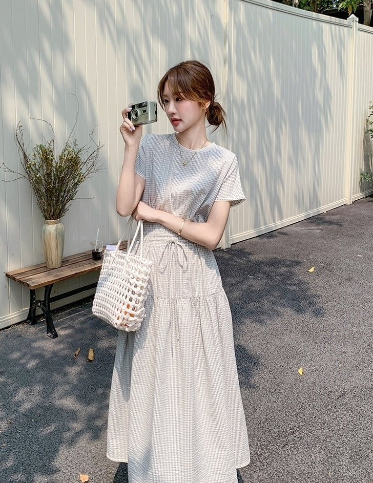 Plaid Patchwork Waist Dress Summer Fashion Style