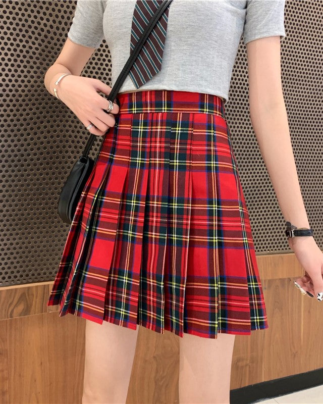 Red Plaid Pleated School Girl Skirt