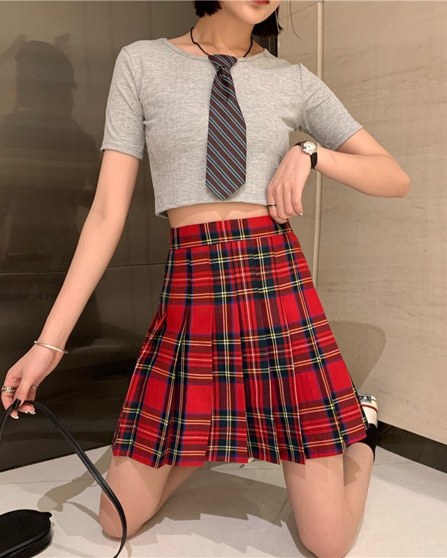 Red Plaid Pleated School Girl Skirt