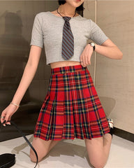 Red Plaid Pleated School Girl Skirt