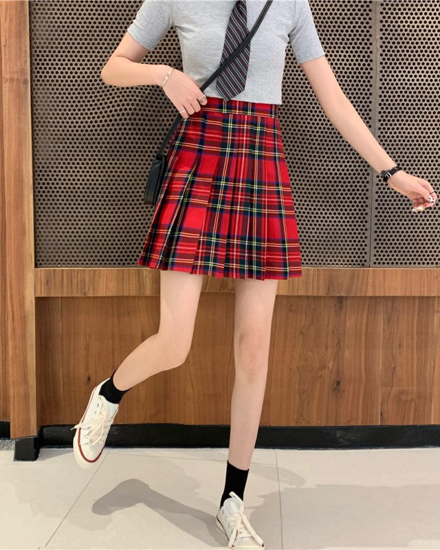 Red Plaid Pleated School Girl Skirt