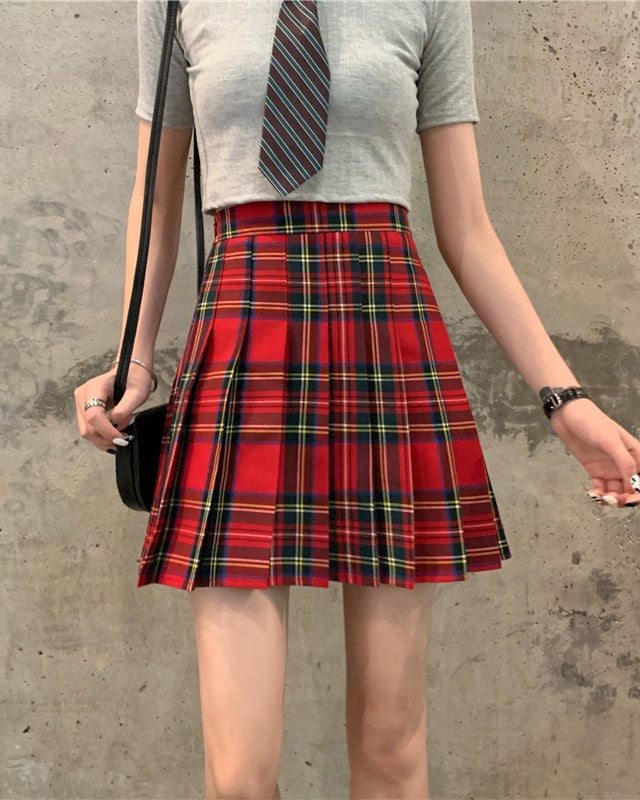 Red Plaid Pleated School Girl Skirt