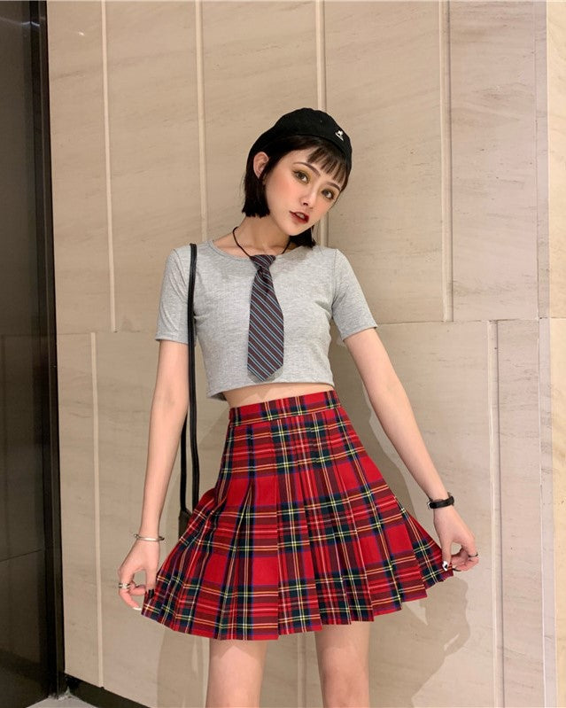 Red Plaid Pleated School Girl Skirt
