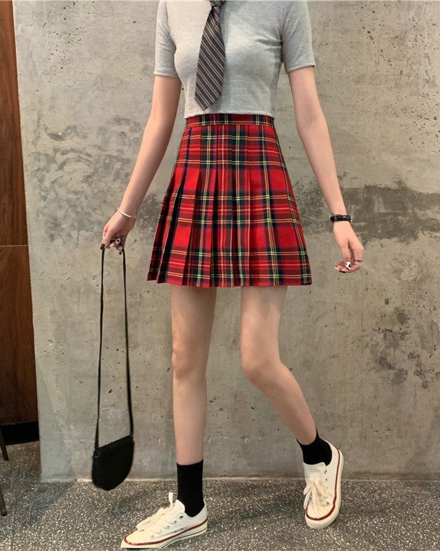 Red Plaid Pleated School Girl Skirt