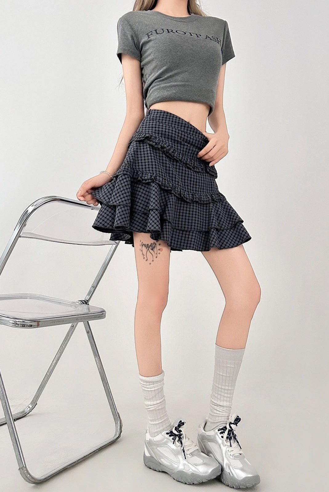 Plaid Ruffle Hem High Waist Skirt