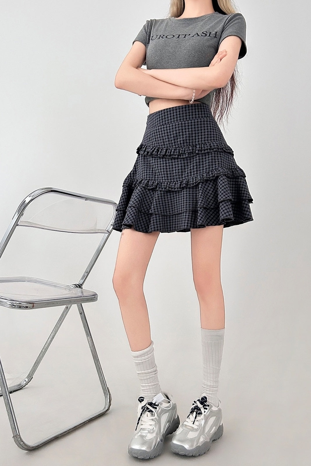 Plaid Ruffle Hem High Waist Skirt
