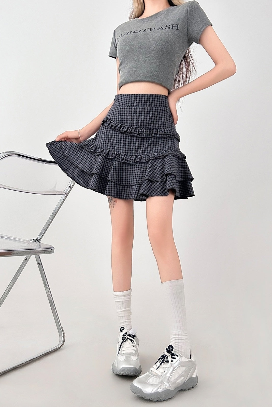 Plaid Ruffle Hem High Waist Skirt