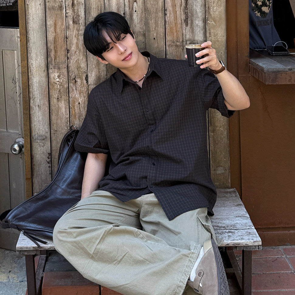 Plaid Short Sleeve Shirt Casual Loose Fit