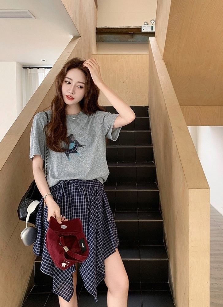 Plaid Skirt And Printed Short Sleeve Tee Set